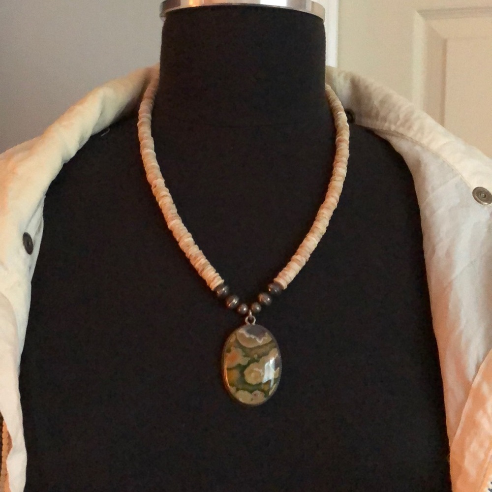 Puka shells -silver tone with a Jasper pendant.